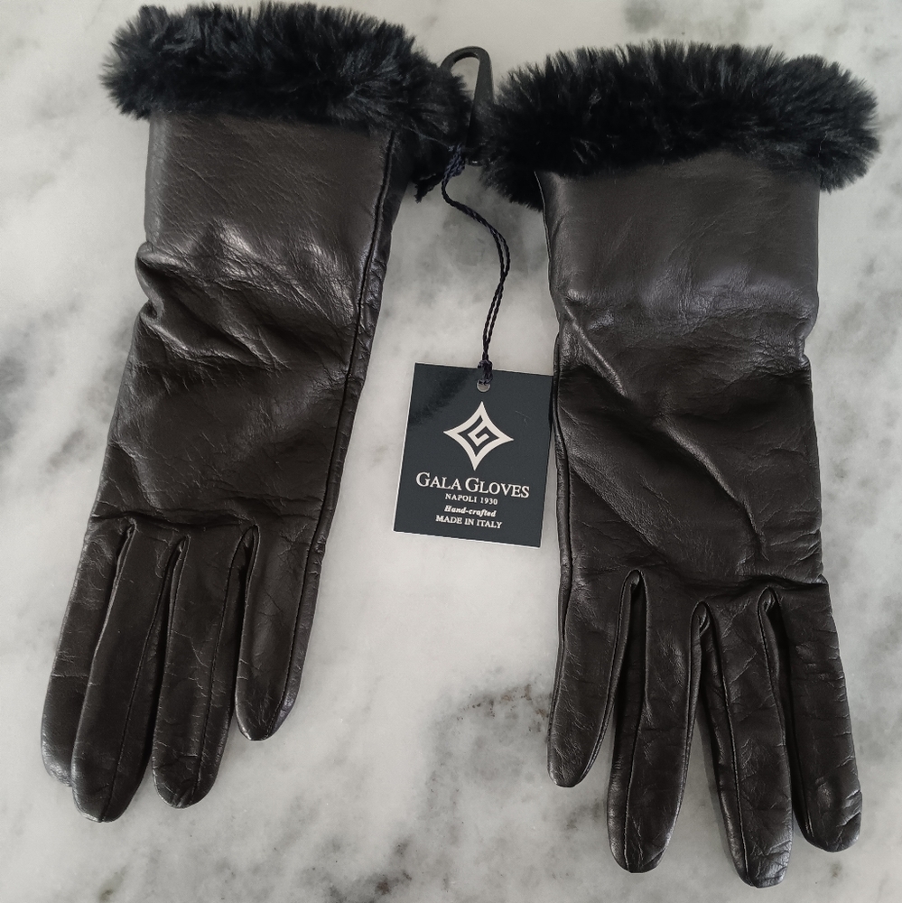 Gala Italian Leather Faux Fur Cuffed Gloves   Size 7.5, Color Nero/Black NWT
